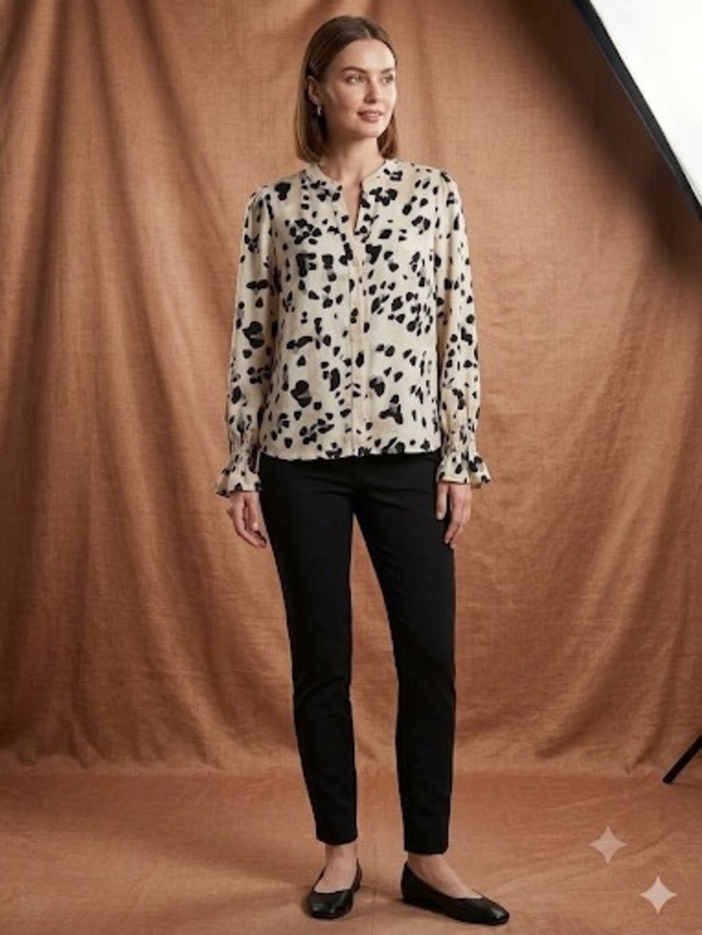 DKNY Cream and Black Animal-Print Button Blouse